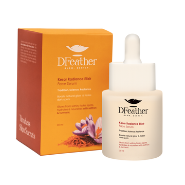 Dfeather Kesar Radiance Elixir Face Serum 30ml – Saffron & Turmeric Glow Serum for Dark Spots, Hydration & Brightening Skin