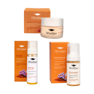 D Feather Kumkumadi Cleanser, Kesar Face Mist & Velvet Dawn Night Cream Combo – Daily Glow & Overnight Repair Skincare Kit for Hydration & Radiance